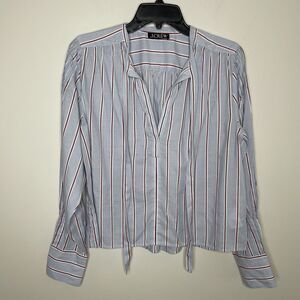 J.CREW Top Women Small V-Neck Tie Blouse Blue Striped Cotton Blend Dobby CA590
